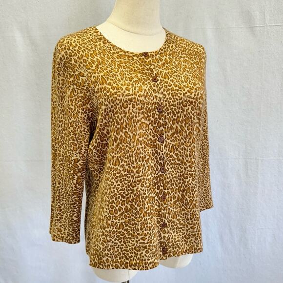 Garnet Hill merino wool leopard print 3/4 sleeve cardigan brown size medium - Picture 2 of 11